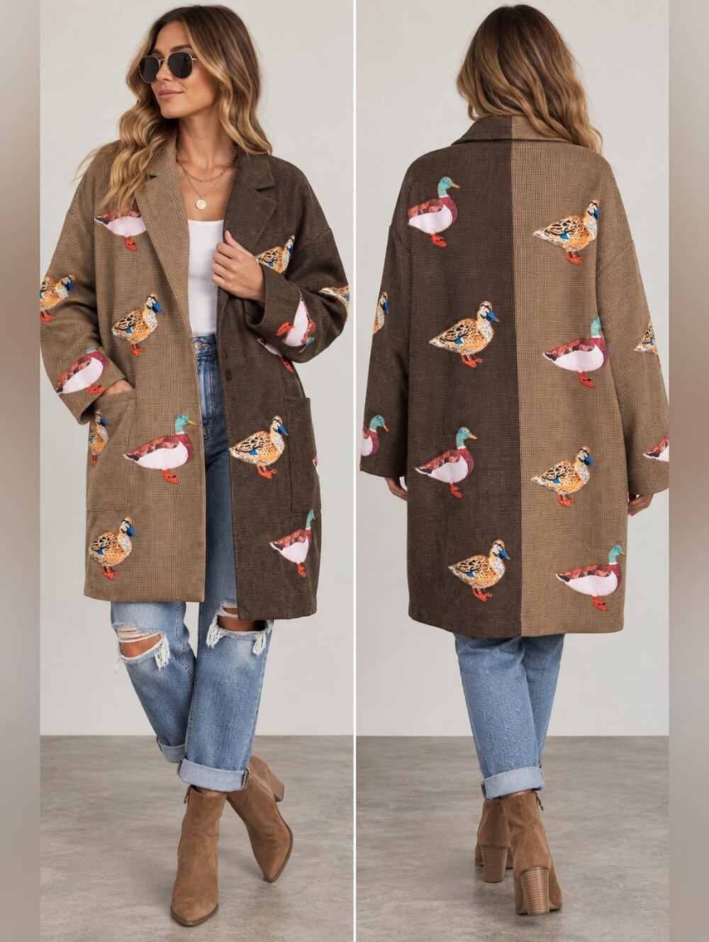 Dressed in Lala Lucky Duck Half & Half Plaid Coat S/M Oversized Wool Blend